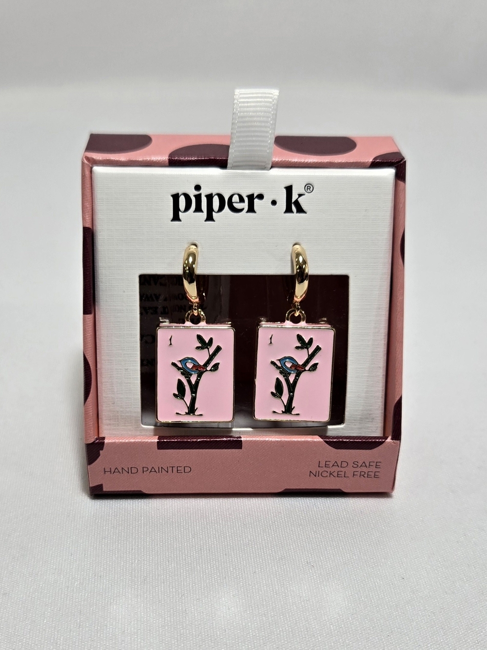 Piper K Mahjong Pink Hand-Painted Bird Branch Drop Earrings #1074